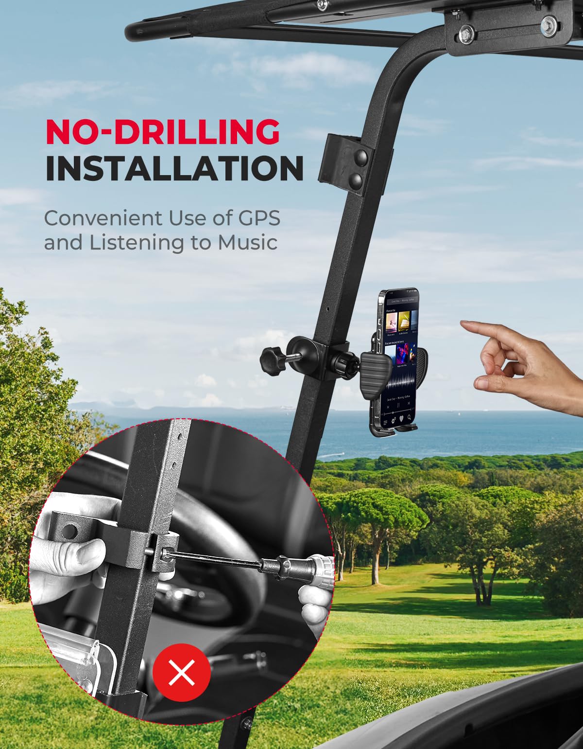 Photo of Golf Cart Phone Holder for Square& Round Tubes (0.25-1.25IN) by Kemimoto - Premium for UTVs / Side by Sides