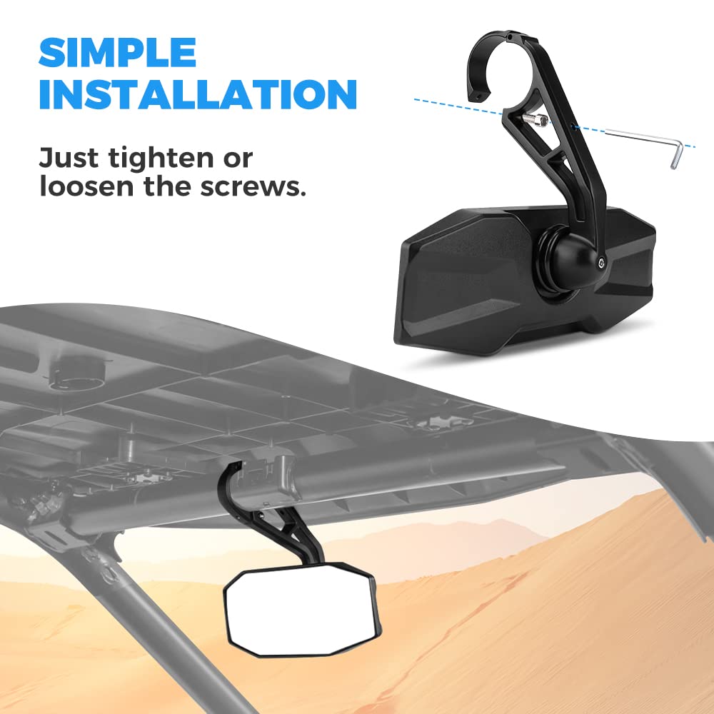 Photo of Rear View Center Mirror for 1.75” Roll Bar for Polaris RZR by Kemimoto - Premium for UTVs / Side by Sides