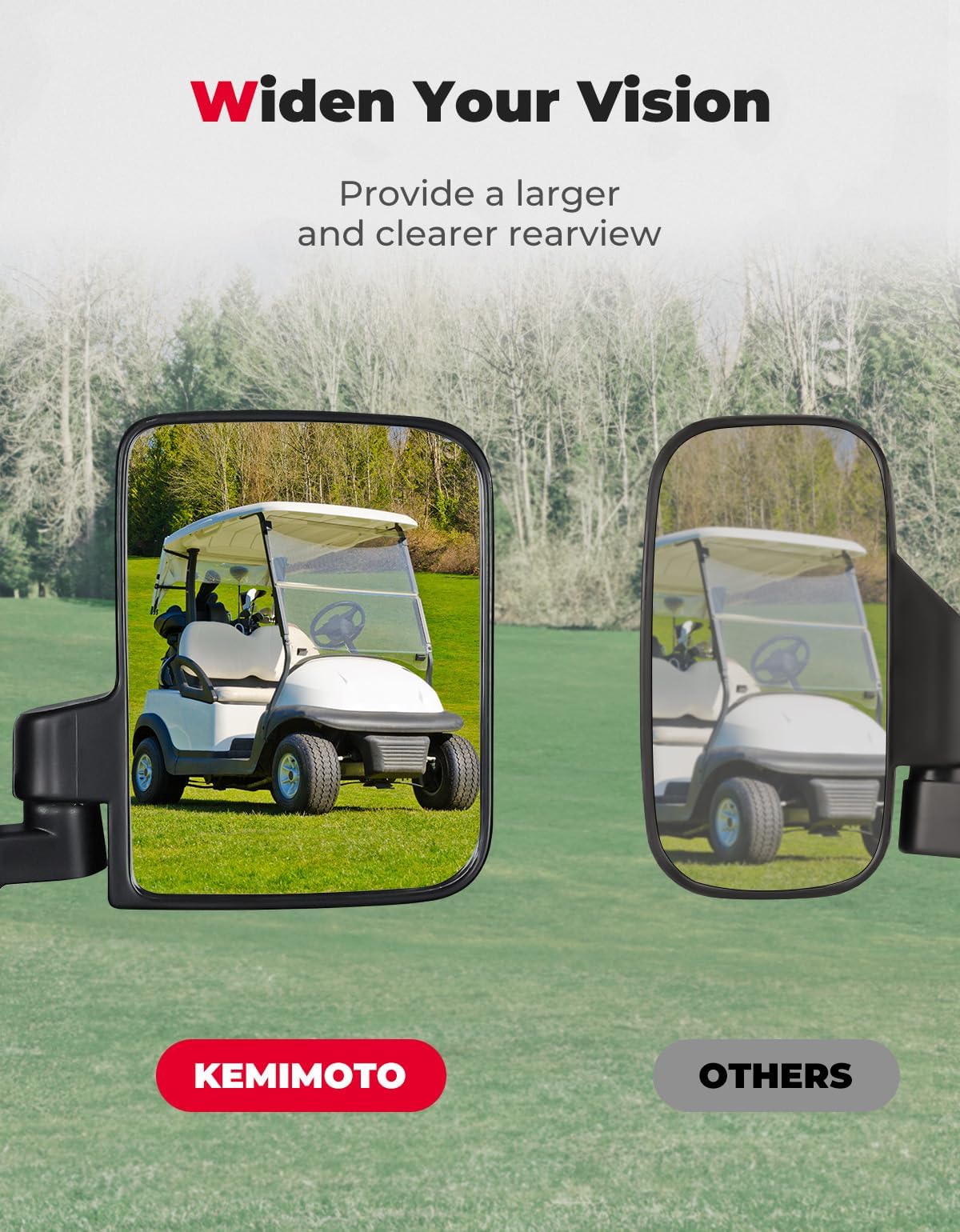 Photo of No-Drill Golf Cart Side Mirrors for EZGO, Club Car, Drive2, ICON by Kemimoto - Premium for UTVs / Side by Sides