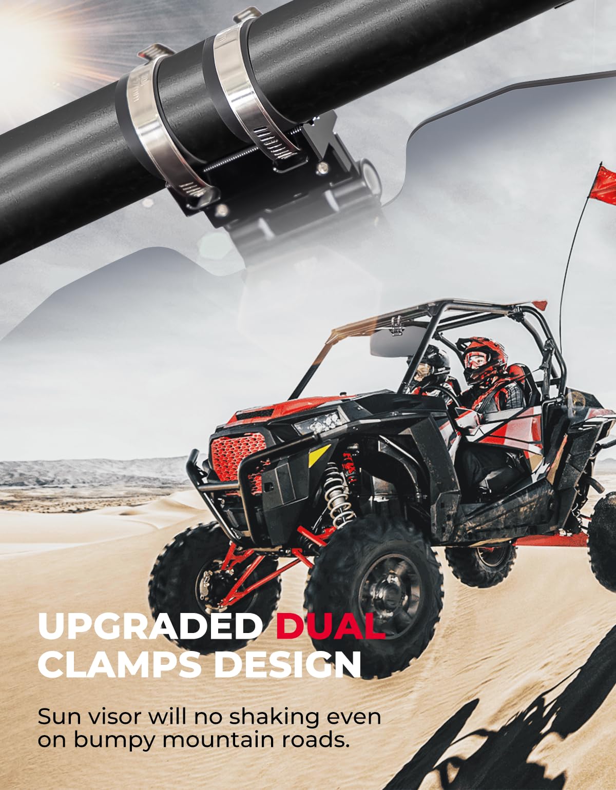 Photo of Oversized Upgraded UTV Sun Visor Mirror for 1.5”-2” Roll Bars by Kemimoto - Premium for UTVs / Side by Sides