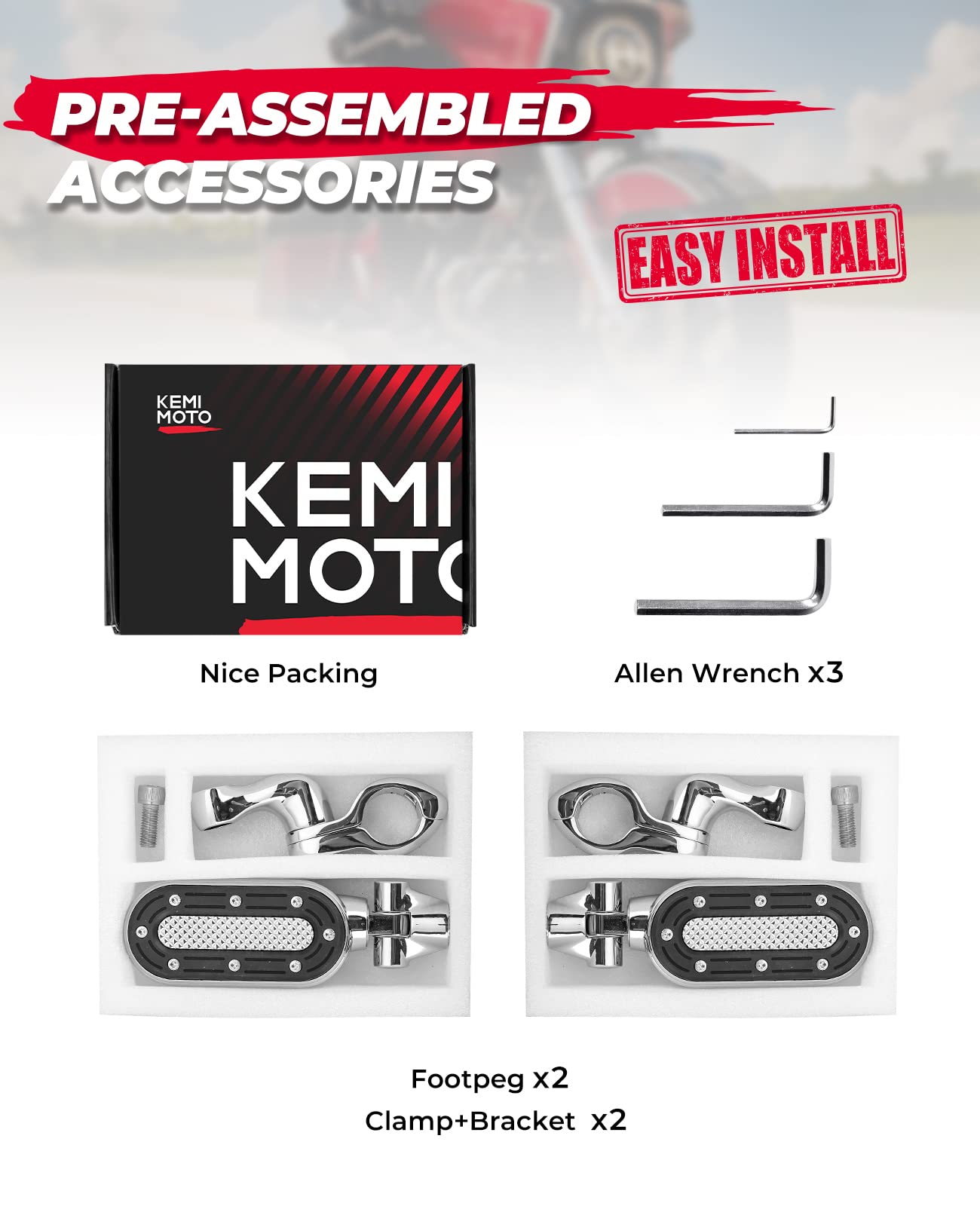Photo of Motorcycle Adjustable Foot Pegs for 1.25" Engine Guard by Kemimoto - Premium for UTVs / Side by Sides