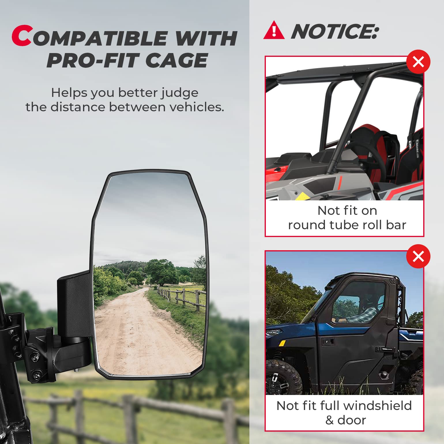 Photo of Upgraded UTV Wider Pro-Fit Side Mirrors for Polaris / Can-Am (1 pair) by Kemimoto - Premium for UTVs / Side by Sides