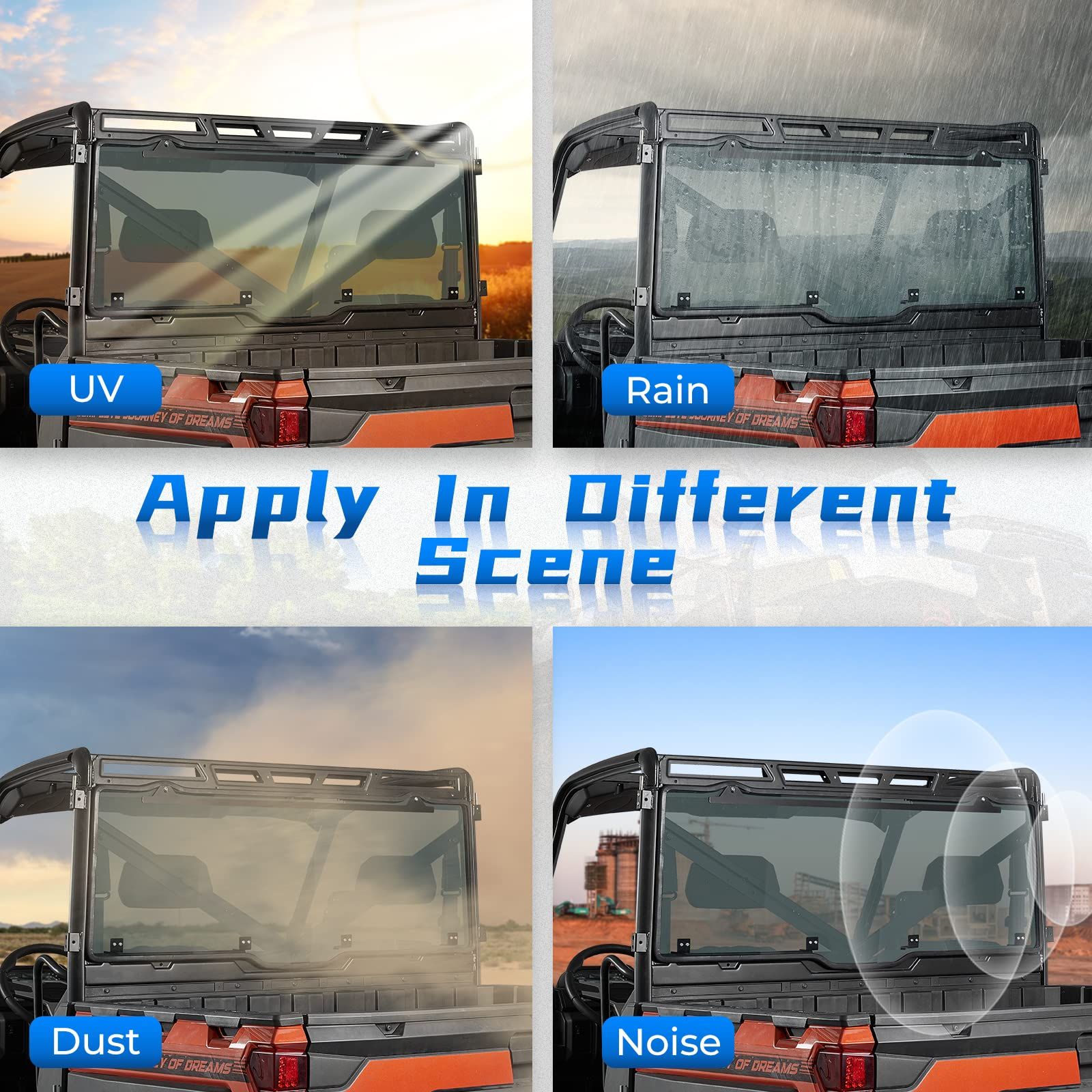 Photo of UTV Rear Windshield (Fit Roof) for Polaris Ranger XP 1000/Crew 2017-2025 by Kemimoto - Premium for UTVs / Side by Sides