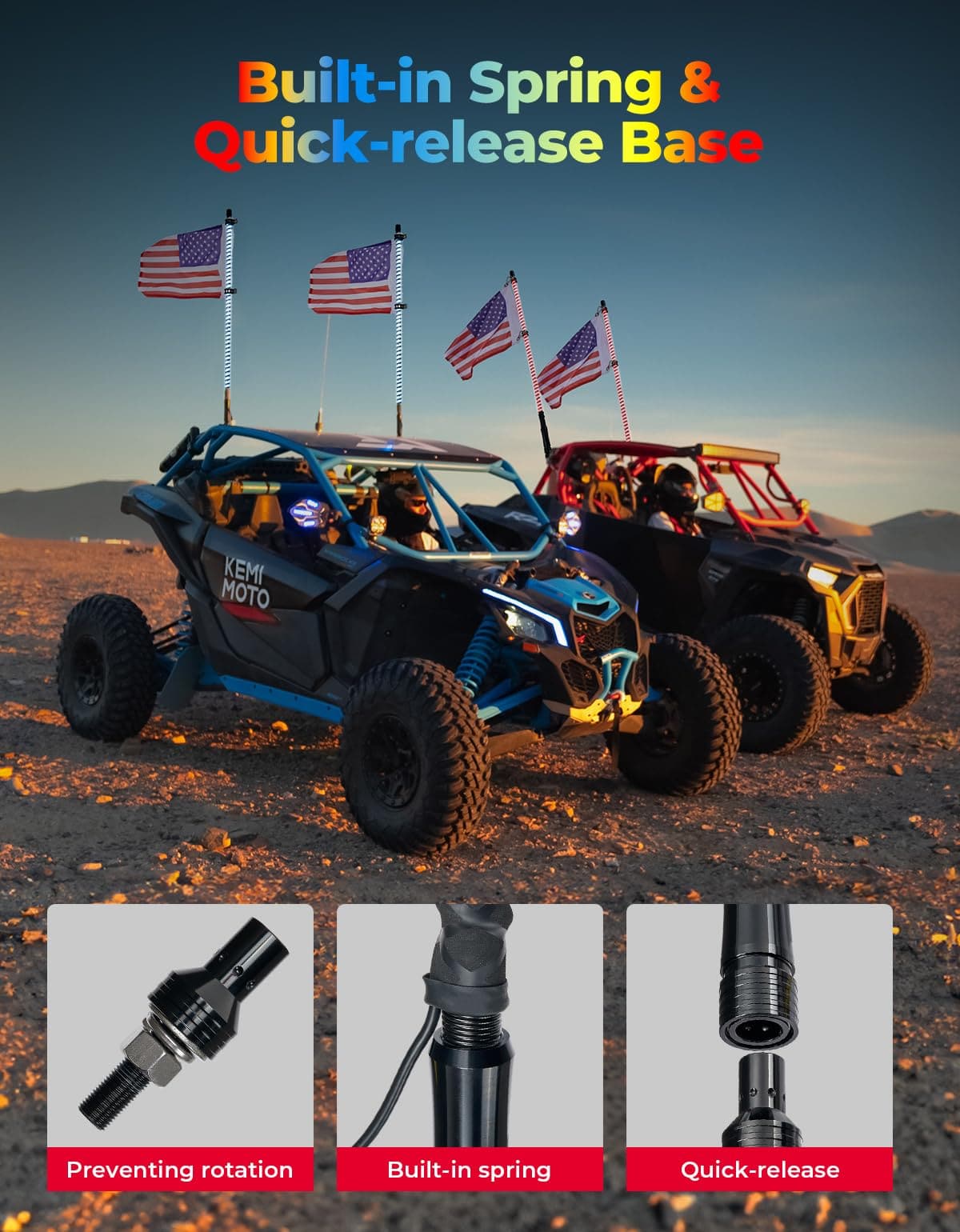 Photo of 3FT COB Whip Lights & RGB Rock Light Kit for UTV ATV Jeep by Kemimoto - Premium for UTVs / Side by Sides