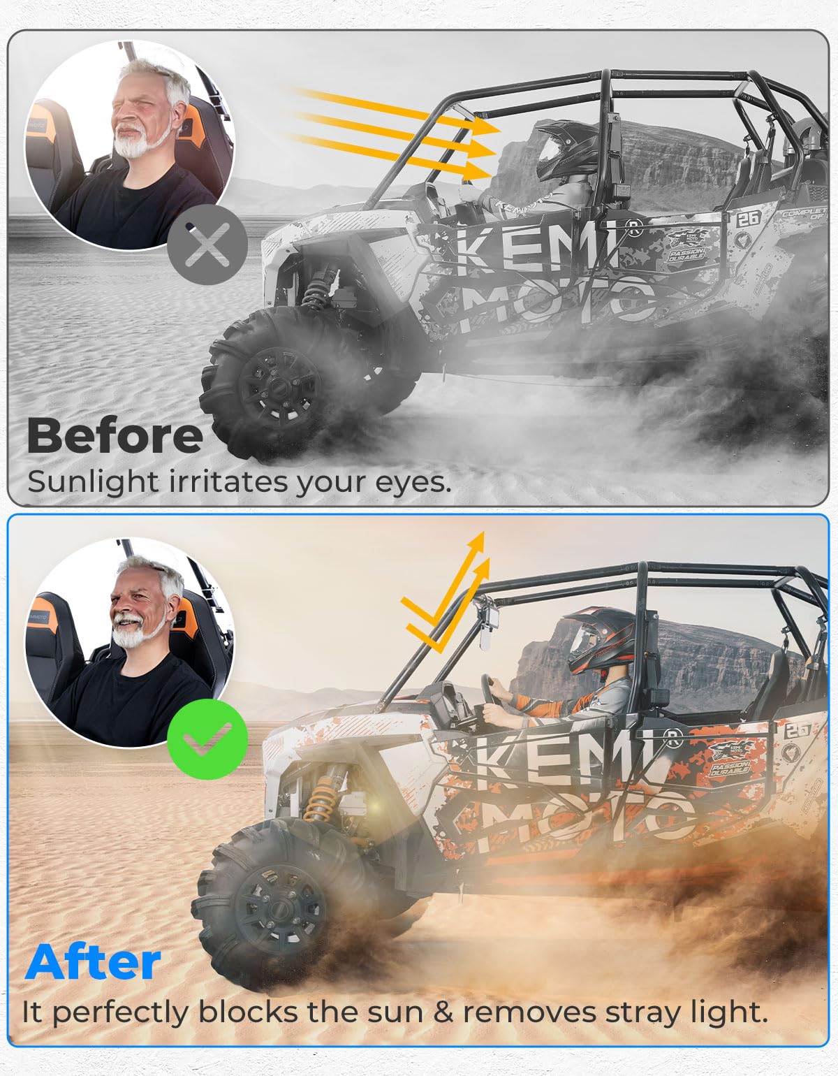 Photo of UTV Rear View Mirror with Sun Visor for Polaris RZR/Talon/Mule/Can-Am X3/CFMOTO by Kemimoto - Premium for UTVs / Side by Sides