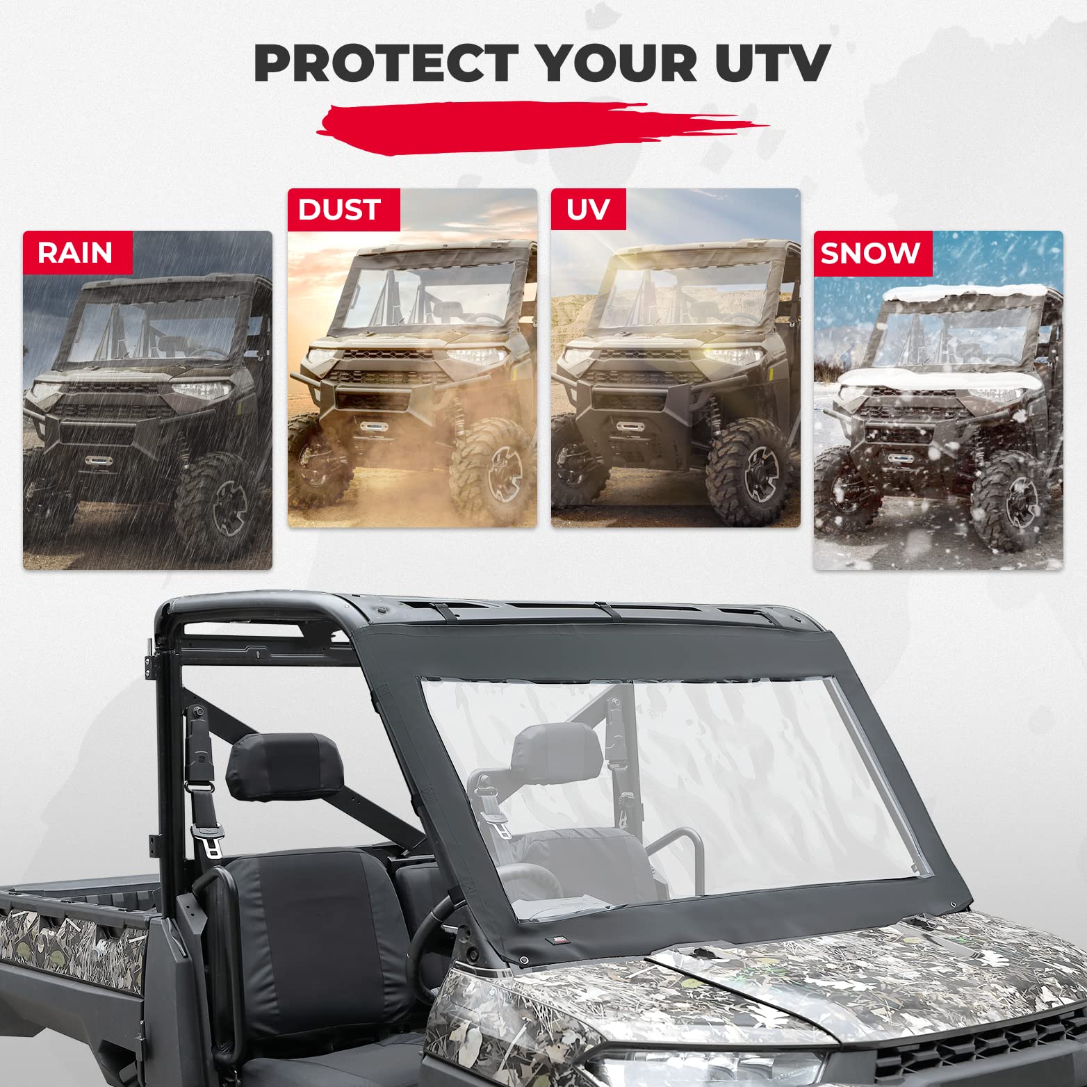Photo of Soft Front Windshield, PVC Waterproof Panel for Ranger XP 1000 / Crew 2017-2024 by Kemimoto - Premium for UTVs / Side by Sides