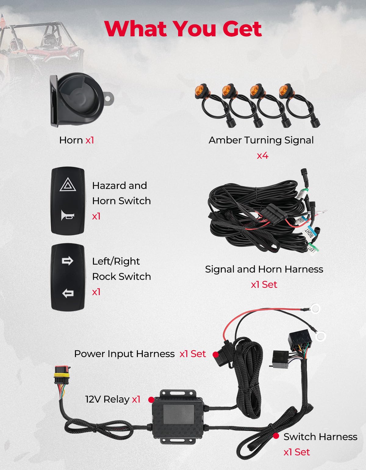 Photo of Universal Plug & Play Turn Signal Kit With Rocker Switch & 110D Horn by Kemimoto - Premium for UTVs / Side by Sides