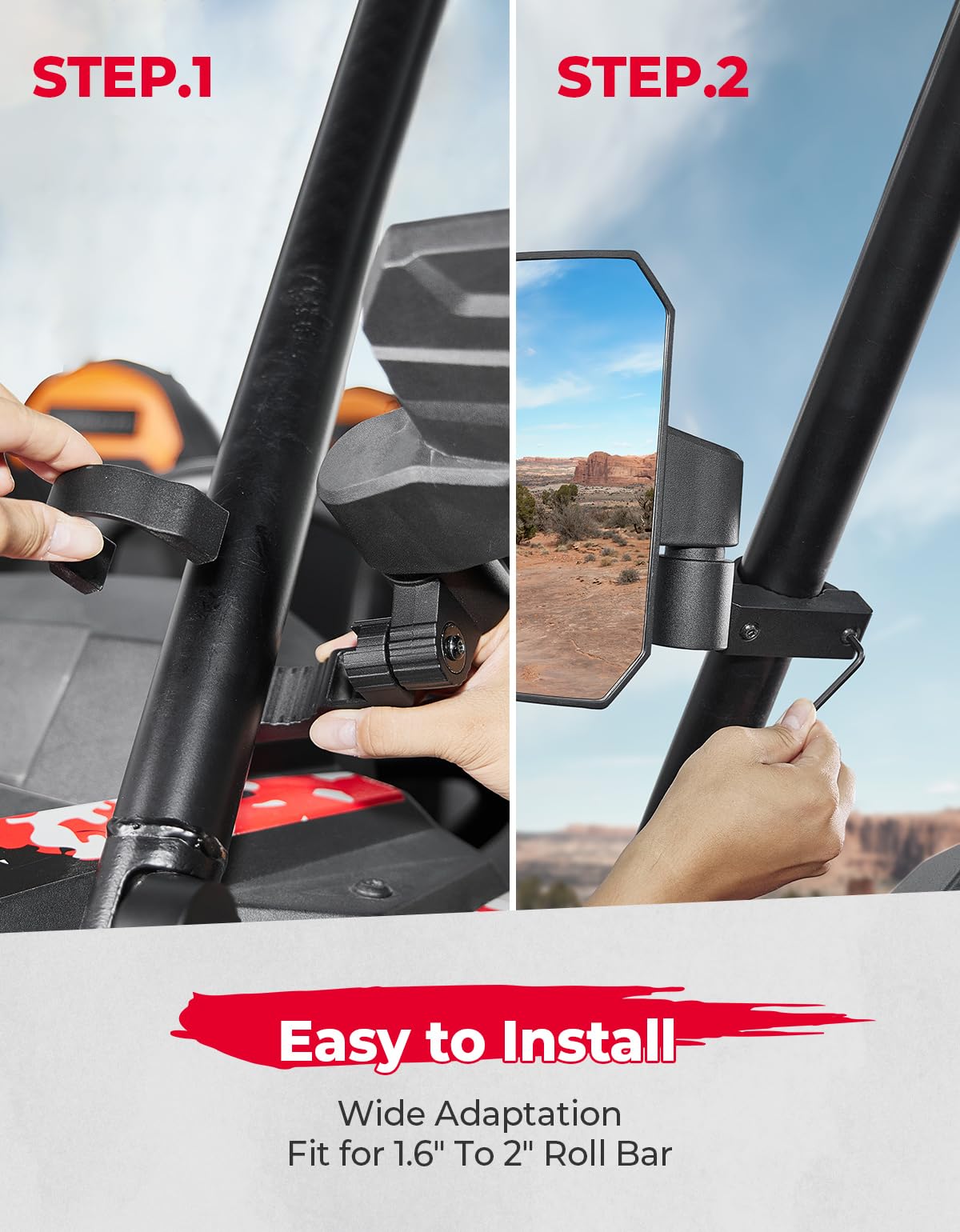 Photo of UTV Universal Large View Side Mirrors for 1.65"-2" Roll Bar by Kemimoto - Premium for UTVs / Side by Sides