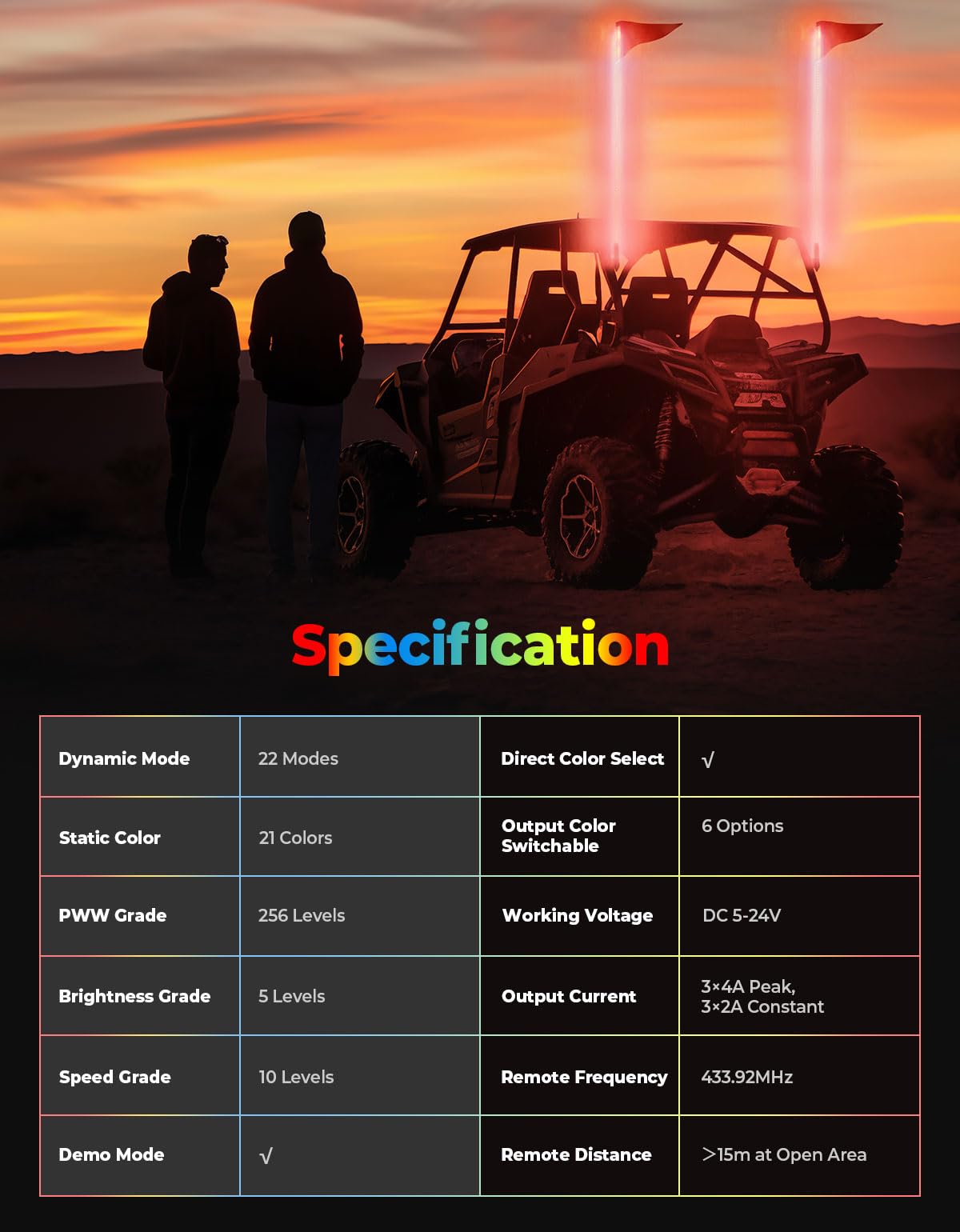 Photo of LED Whip Lights for ATV/UTV/RZR (5FT & RGB - 2Pcs) by Kemimoto - Premium for UTVs / Side by Sides