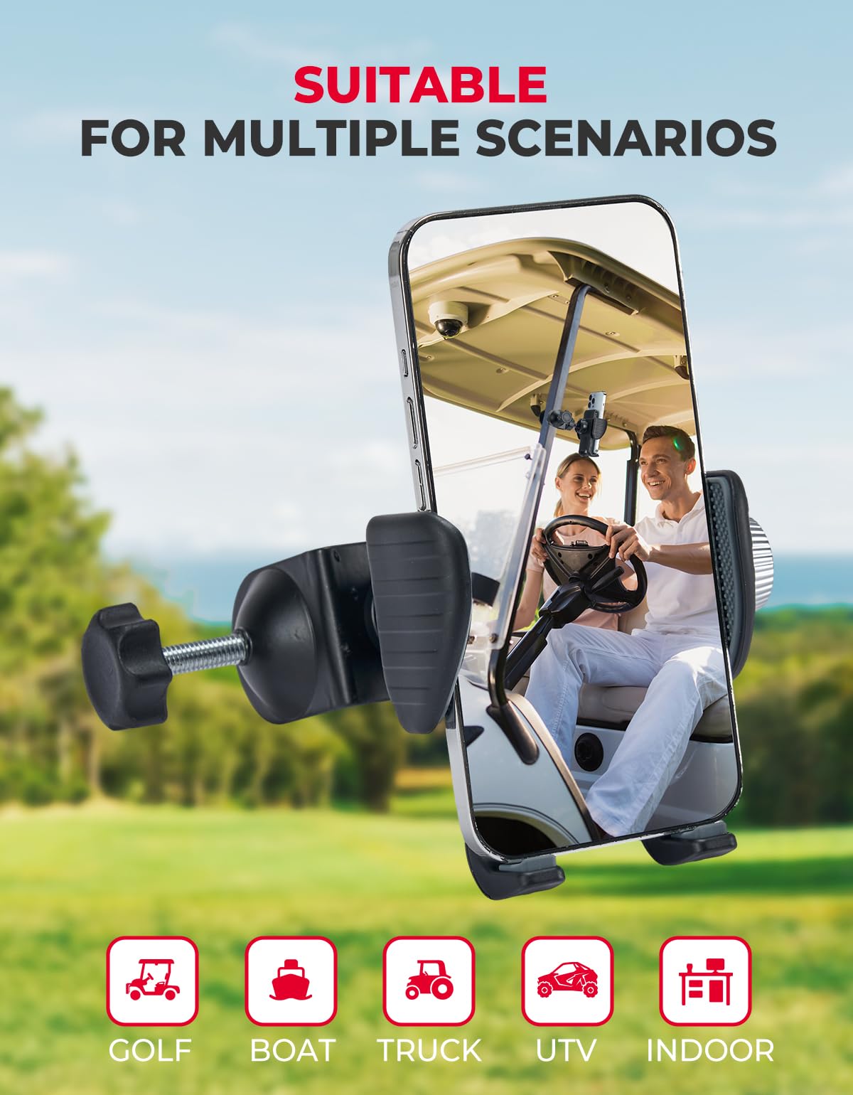 Photo of Golf Cart Phone Holder for Square& Round Tubes (0.25-1.25IN) by Kemimoto - Premium for UTVs / Side by Sides