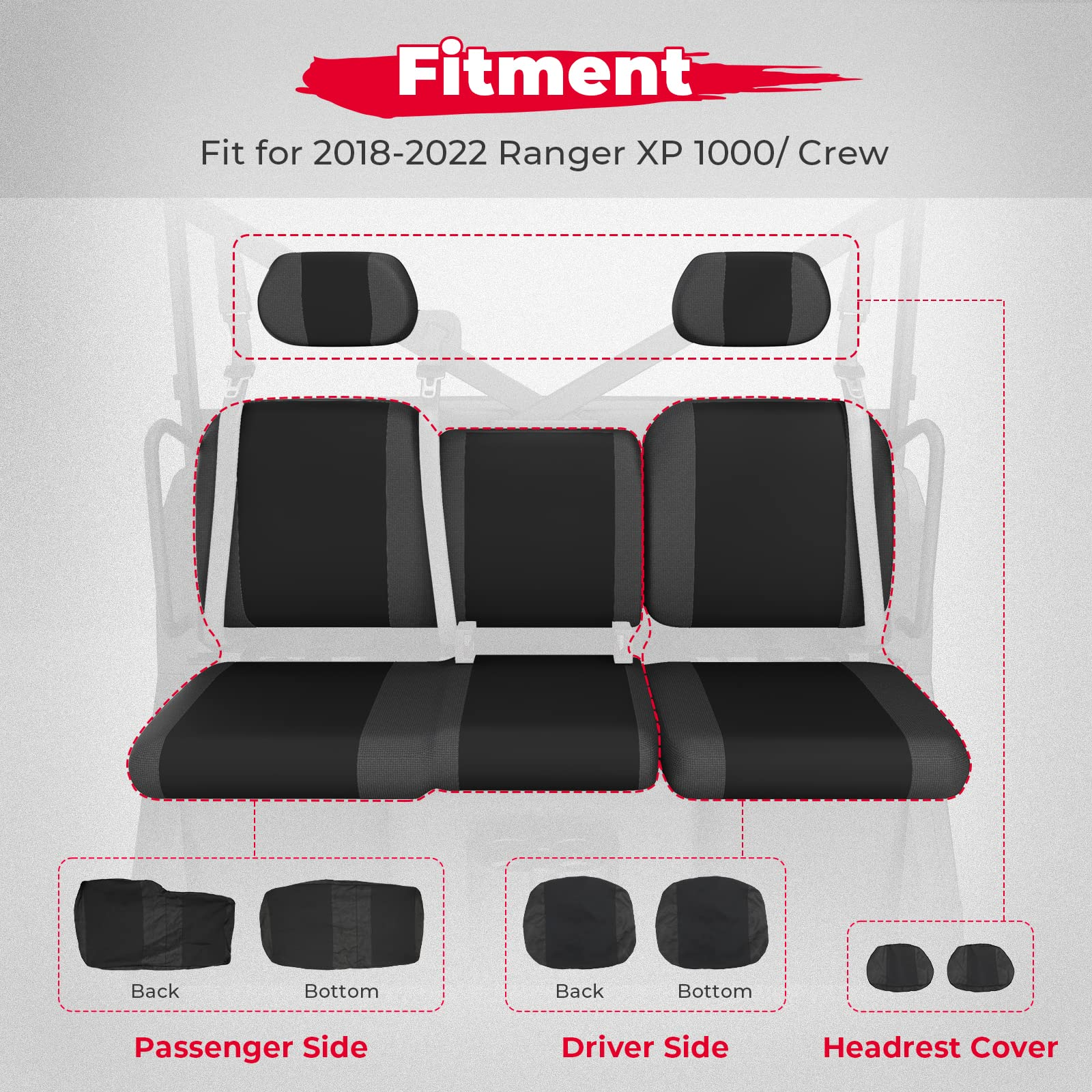 Photo of Split Bench Seat Covers for Polaris Ranger XP 1000/CREW (6 PCS) by Kemimoto - Premium for UTVs / Side by Sides