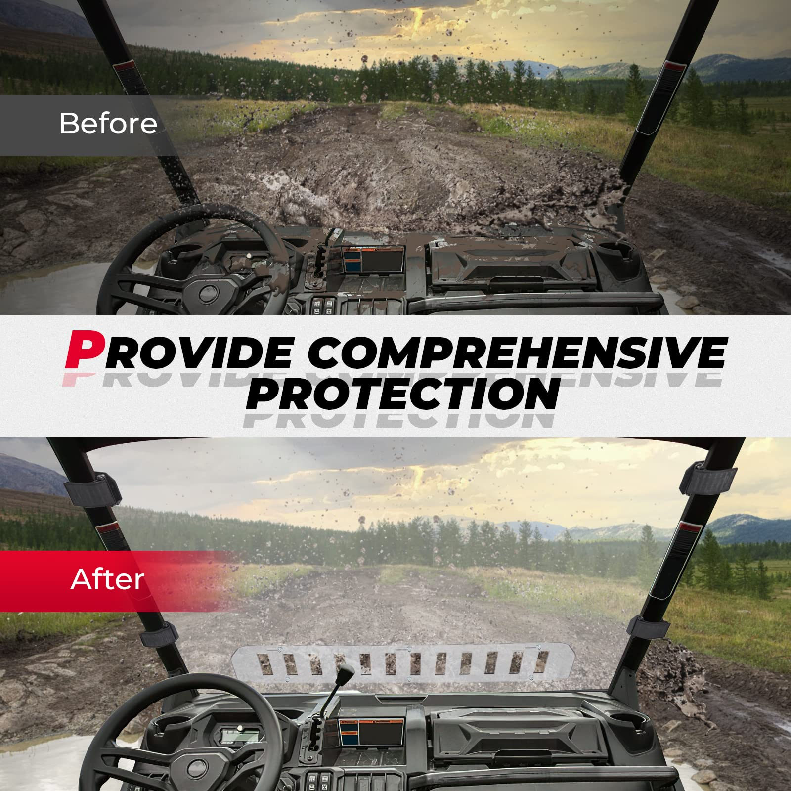 Photo of Rear & Front Vented Full Windshield for Can Am Defender by Kemimoto - Premium for UTVs / Side by Sides