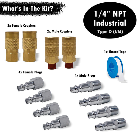 Photo of Industrial Quick Connect Air Fittings | Plug & Coupler Kit - 1/4" NPT (Set of 12) by JACO - Premium Air Fittings Kit for UTVs / Side by Sides