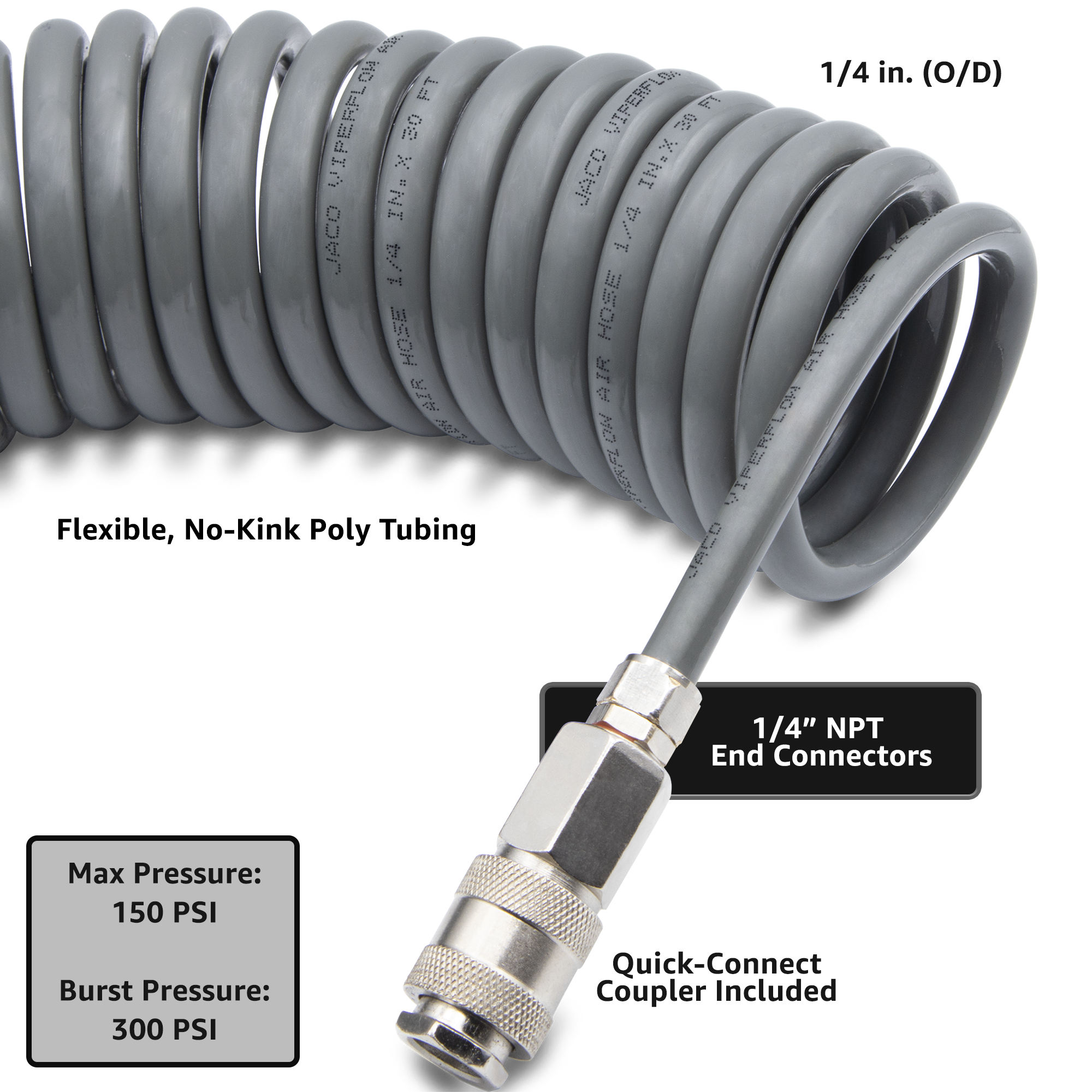 Photo of Polyurethane Coiled Air Hose Kit - 1/4" x 30 ft | with Air Compressor Fittings by JACO - Premium Air Hose for UTVs / Side by Sides