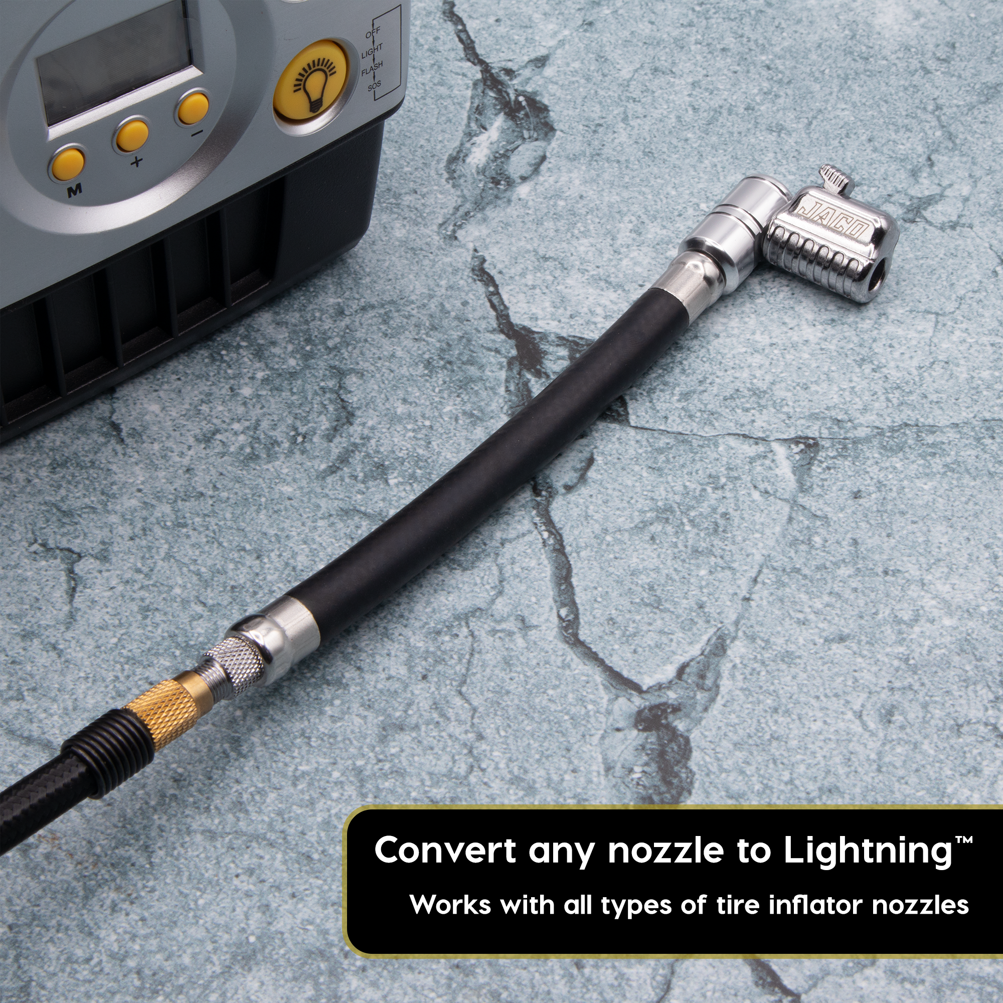 Photo of Lightning L2X Tire Inflator Hose Extension Self-Locking Nozzle | Patented Lock-on Air Hose Adapter for Tire Pumps (Open Flow) by JACO - Premium Tire Inflator Hose Extension Nozzle for UTVs / Side by Sides