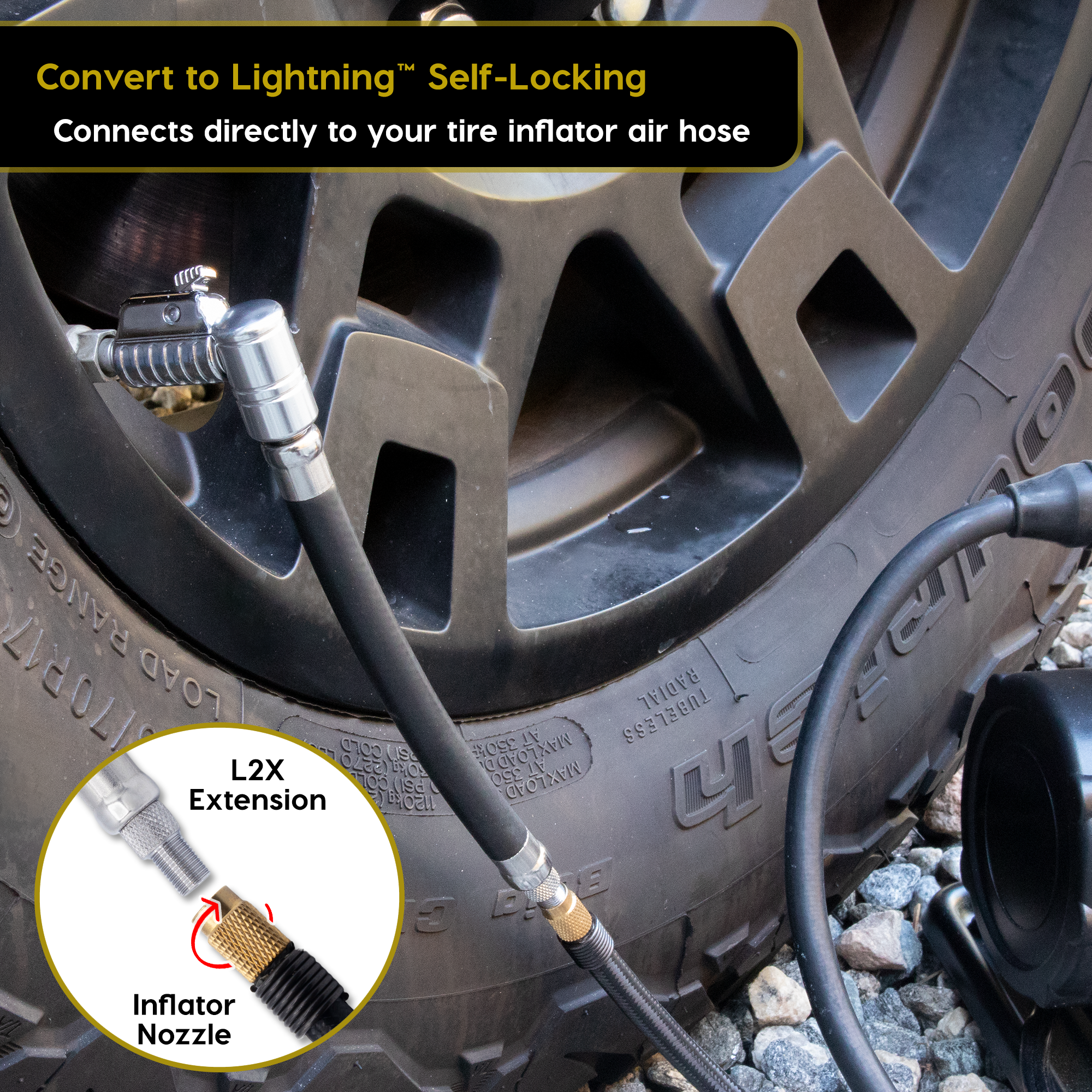 Photo of Lightning L2X Tire Inflator Hose Extension Self-Locking Nozzle | Patented Lock-on Air Hose Adapter for Tire Pumps (Open Flow) by JACO - Premium Tire Inflator Hose Extension Nozzle for UTVs / Side by Sides