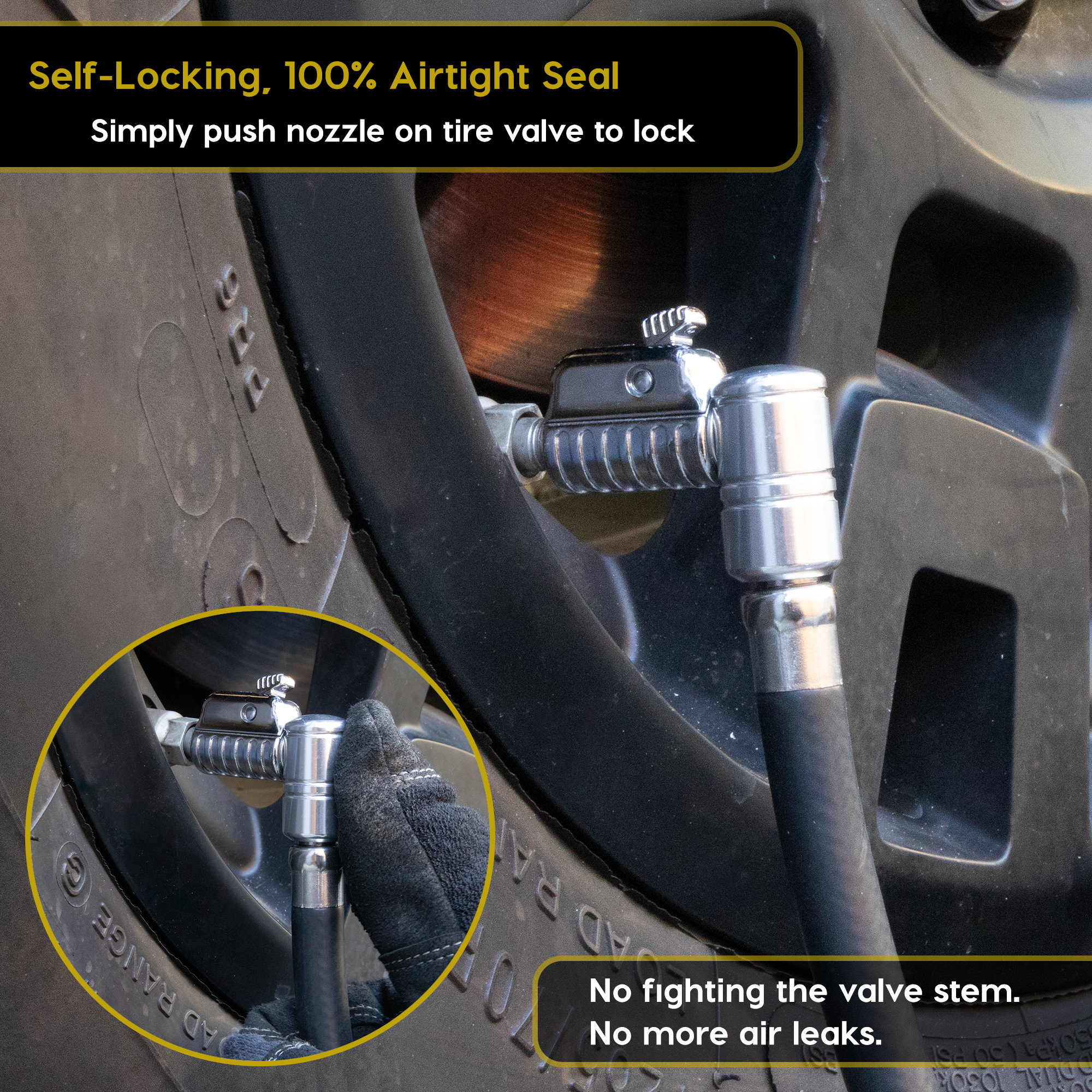 Photo of Lightning L2X Tire Inflator Hose Extension Self-Locking Nozzle | Patented Lock-on Air Hose Adapter for Tire Pumps (Open Flow) by JACO - Premium Tire Inflator Hose Extension Nozzle for UTVs / Side by Sides