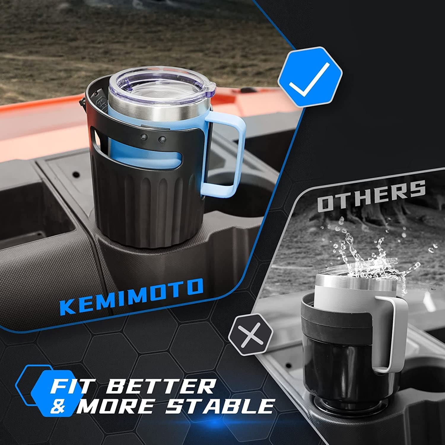 Photo of Large Car Cup Holder Adapter Fit 8-40 OZ Bottles by Kemimoto - Premium for UTVs / Side by Sides