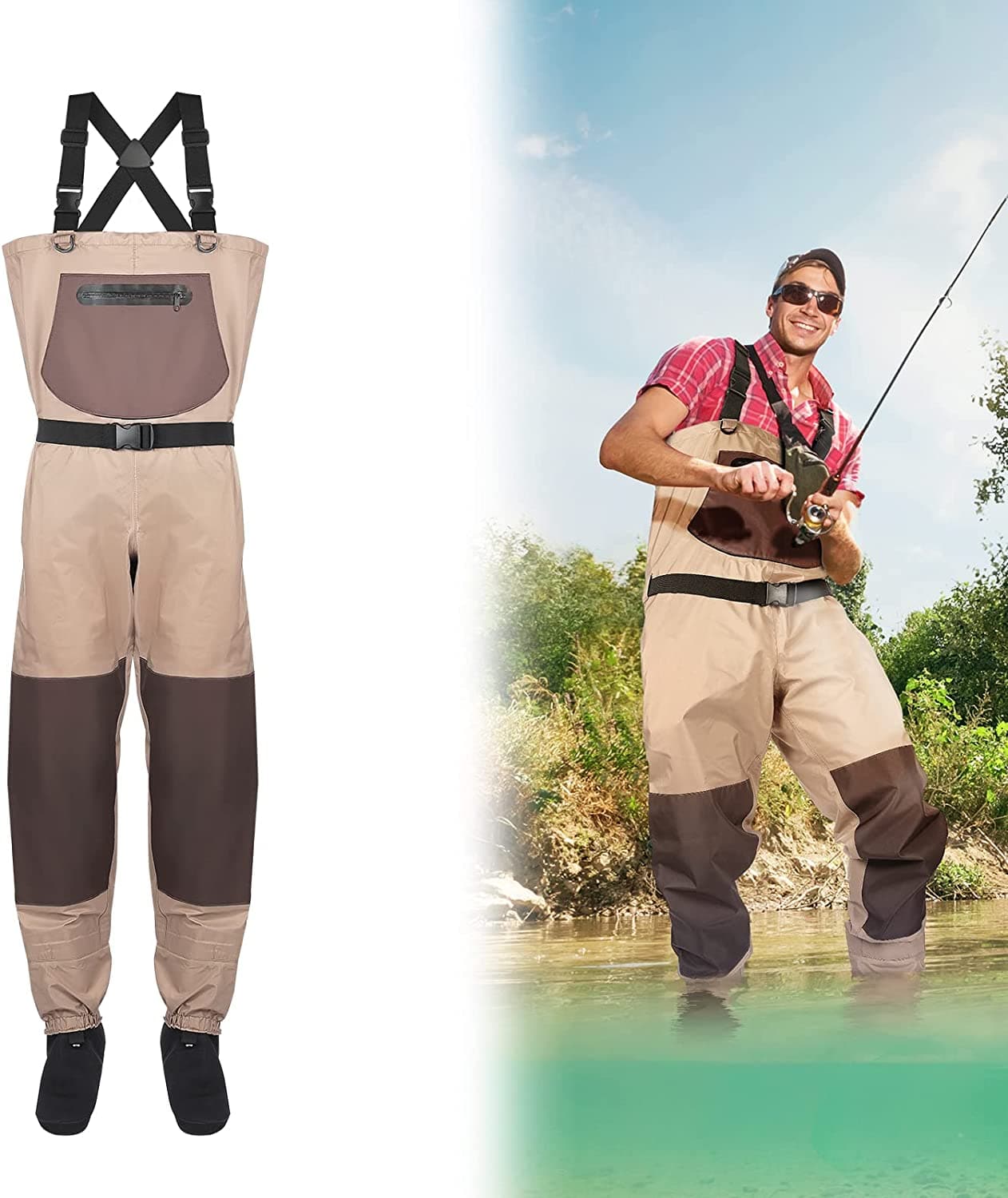 Photo of Men's Waders Pants Breathable Chest Wader for Fly Fishing & Duck Hunting, Khaki by Kemimoto - Premium for UTVs / Side by Sides