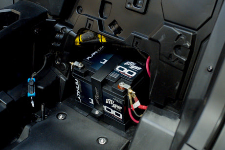 UTV Stereo Can-Am Maverick R Big Battery Kit with Platinum 1200 AGM battery, cover, mounting brackets and hardware