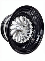 Angled view of a Packard Cyclone silver non-beadlock UTV wheel with a black barrel.