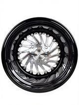 Front view of a Packard Cyclone silver non-beadlock UTV wheel with a black barrel.