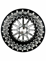 Front view of a Packard Element silver beadlock wheel for Can-Am Maverick R, with a black barrel and machined contrast ring.