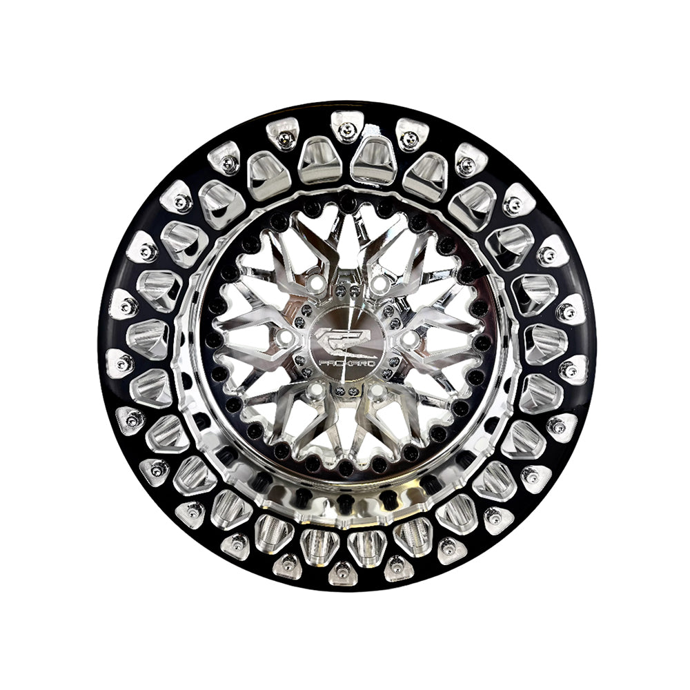 Front view of a Packard Impact silver beadlock UTV wheel with a polished barrel.