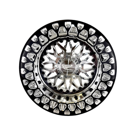 Angled view of a Packard Impact silver beadlock UTV wheel with a polished barrel.
