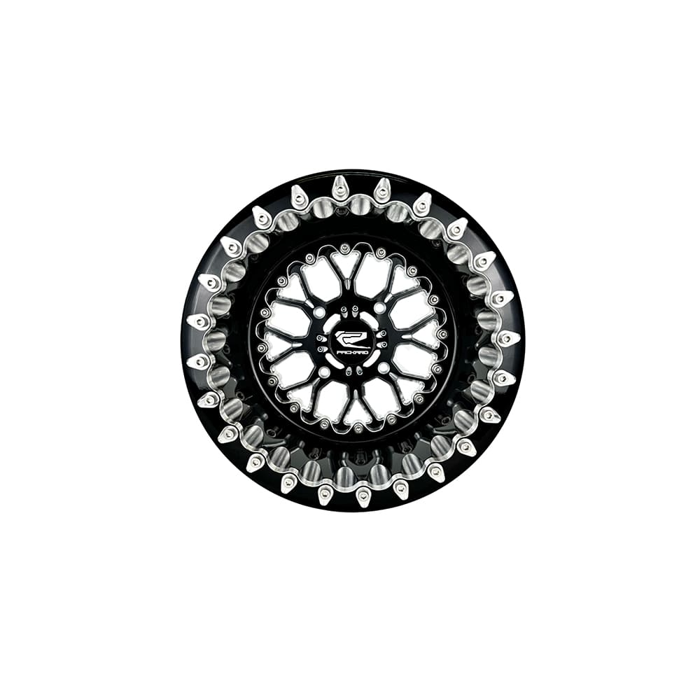 Front view of a Packard Wishbone gloss black beadlock UTV wheel with a black barrel.