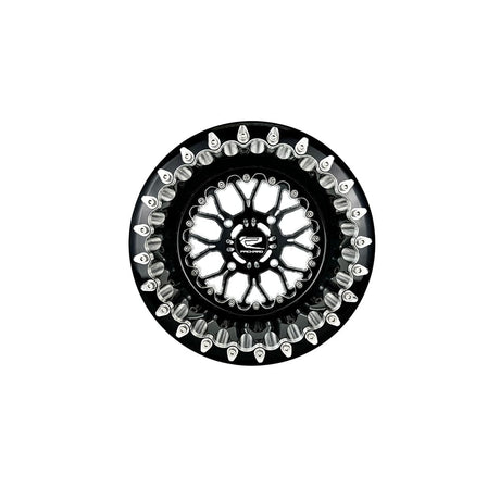 Angled view of a Packard Wishbone gloss black beadlock UTV wheel with a black barrel.