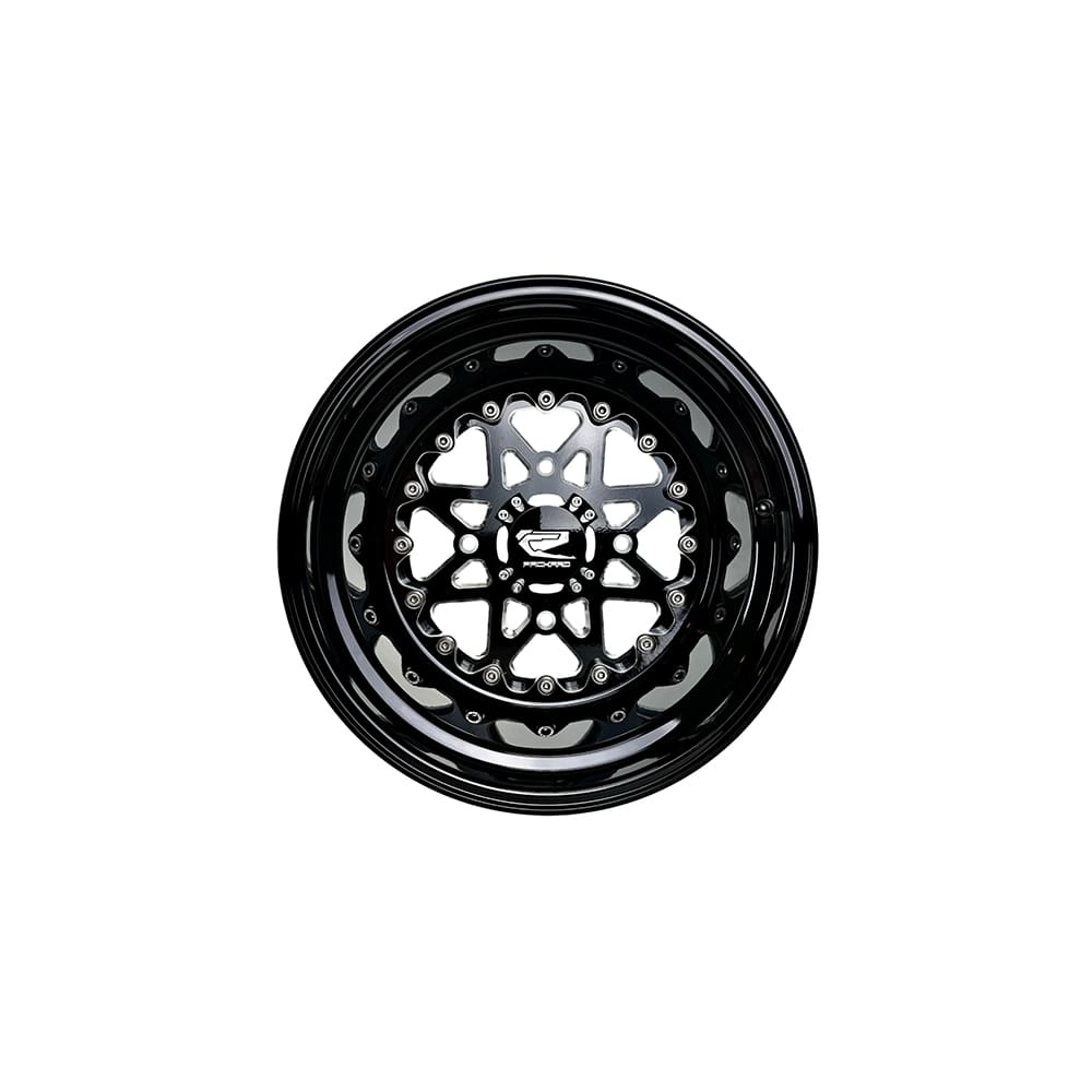 Front view of a Packard V2 Super Star gloss black non-beadlock UTV wheel with a black barrel.