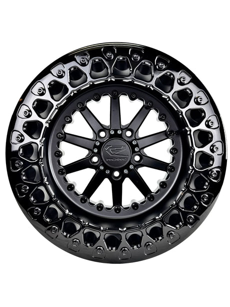 Angled view of a Packard Element Midnight beadlock UTV wheel with a satin black barrel.
