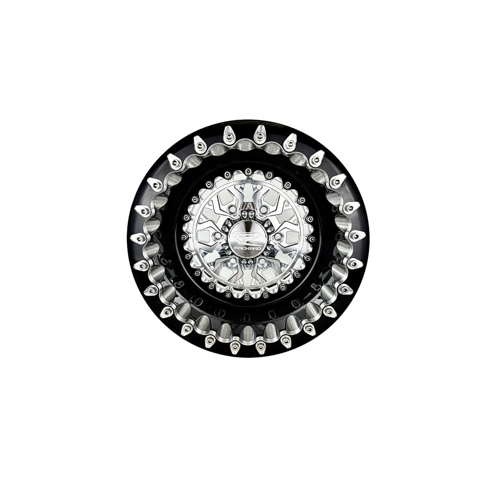 Front view of a Packard Apollo silver beadlock UTV wheel with a black barrel.