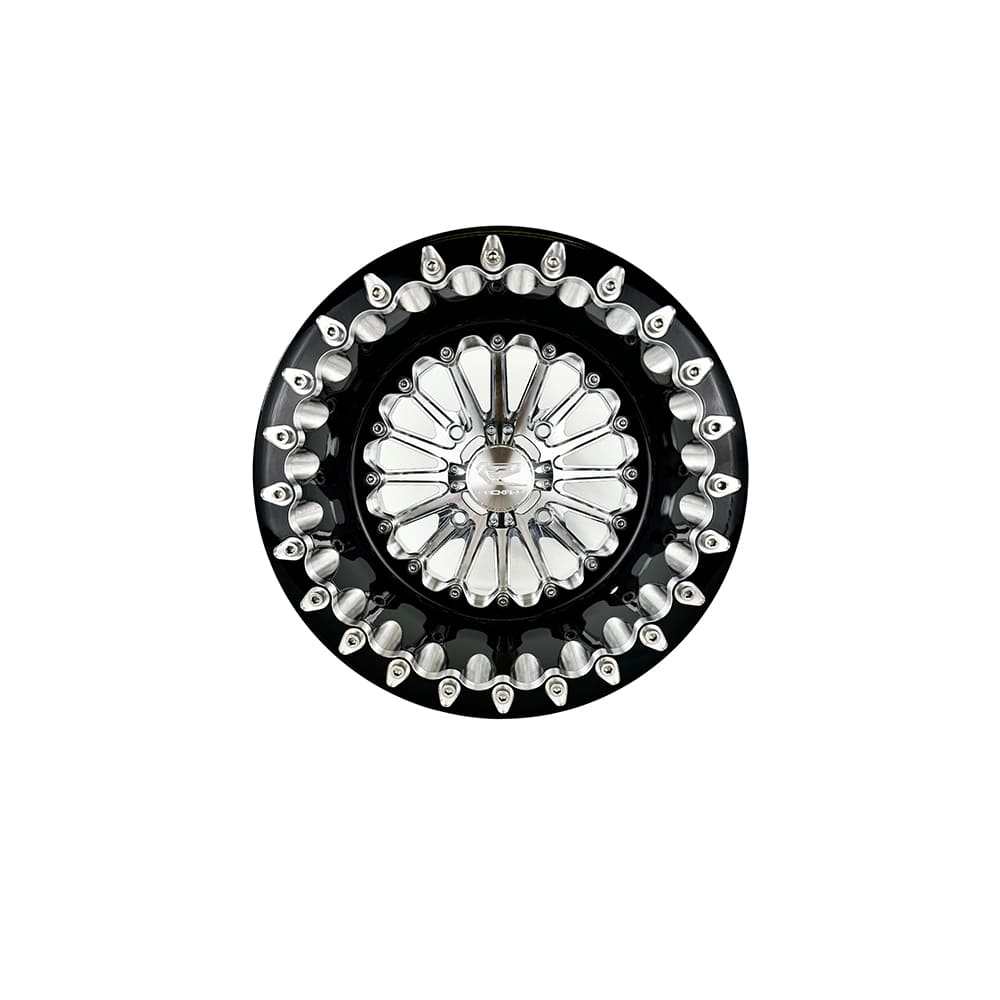Front view of a Packard Element silver beadlock UTV wheel with a black barrel.