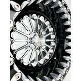 Close-up of a Packard Element silver beadlock UTV wheel with a black barrel.