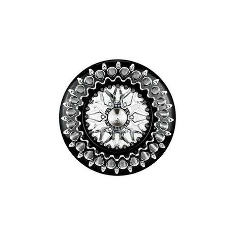 Angled view of a Packard Impact silver beadlock UTV wheel with a black barrel.
