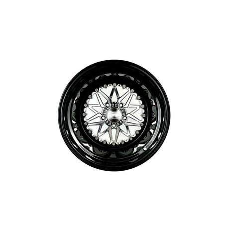 Angled view of a Packard Impact 2.0 silver non-beadlock UTV wheel with a black barrel.