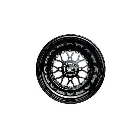 Angled view of a Packard Wishbone gloss black non-beadlock UTV wheel with a black barrel.