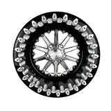 Front view of a Packard Element silver beadlock UTV wheel with a black barrel.