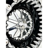 Close-up of a Packard Element silver beadlock UTV wheel with a black barrel.