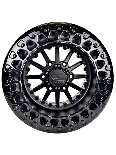 Angled view of a Packard Element Midnight beadlock UTV wheel with a satin black barrel.