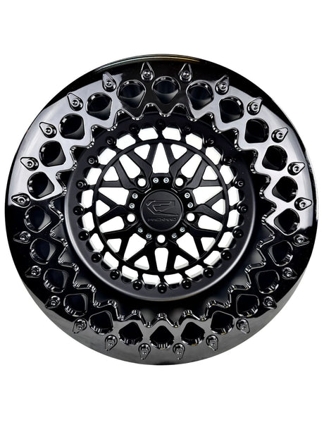 Angled view of a Packard Apollo Midnight beadlock UTV wheel with a satin black barrel.
