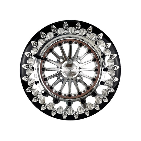 Angled view of a Packard Element silver beadlock UTV wheel with a polished barrel.