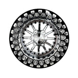 Front view of a Packard Element silver beadlock UTV wheel with a polished barrel.