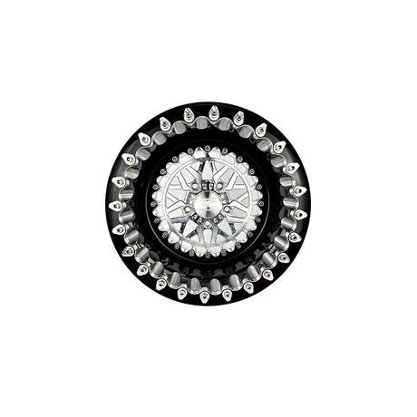 Angled view of a Packard Apollo silver beadlock UTV wheel with a black barrel.