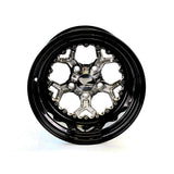 Angled view of a Packard Pro 5 silver non-beadlock UTV wheel with a black barrel.