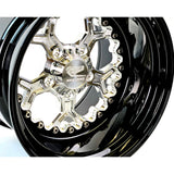 Close-up of a Packard Pro 5 silver non-beadlock UTV wheel with a black barrel.