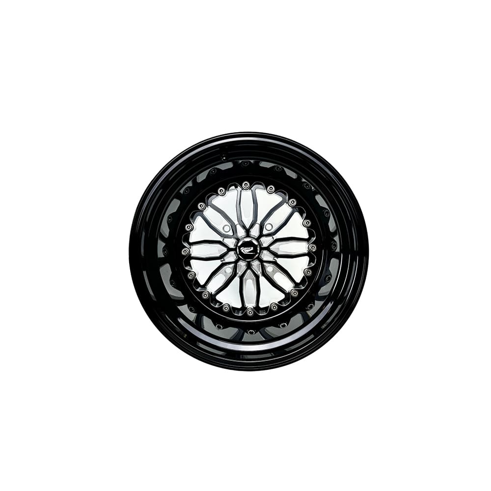 Front view of a Packard Icon gloss black non-beadlock UTV wheel with a black barrel.