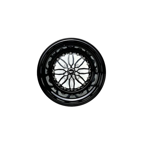 Angled view of a Packard Icon gloss black non-beadlock UTV wheel with a black barrel.